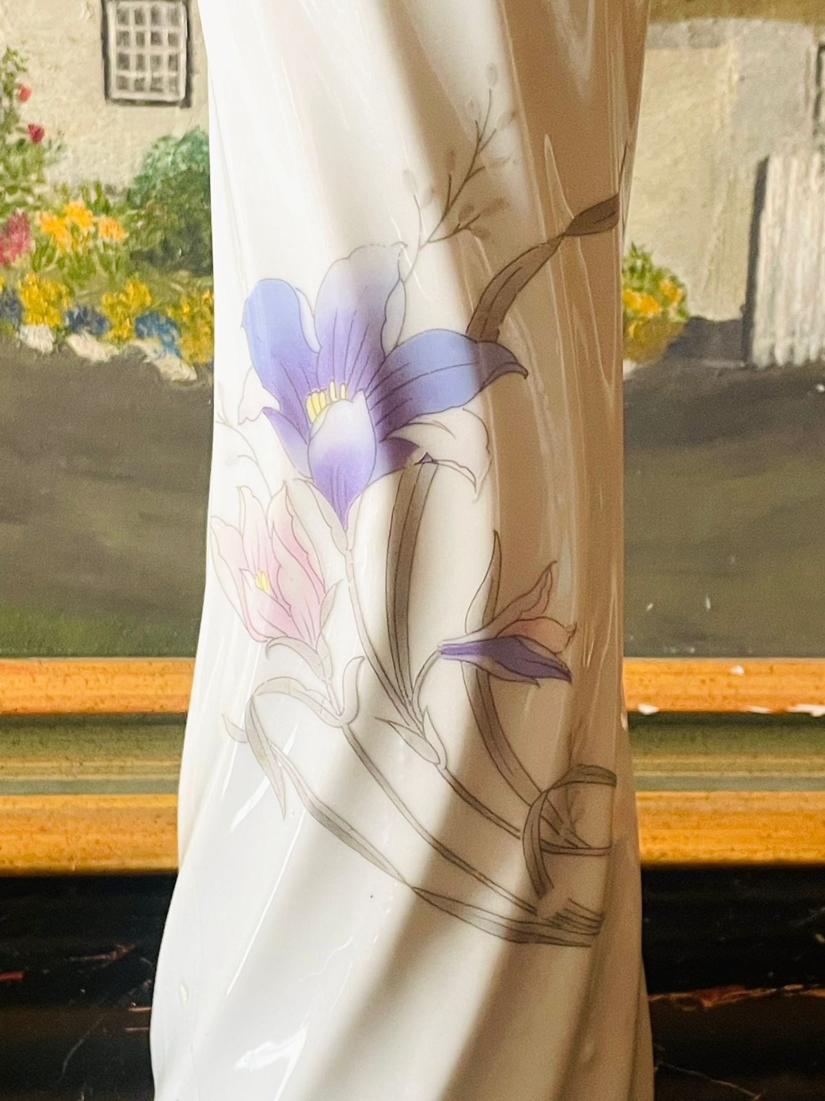 Vintage English Porcelain Vase with Purple Iris Floral Design