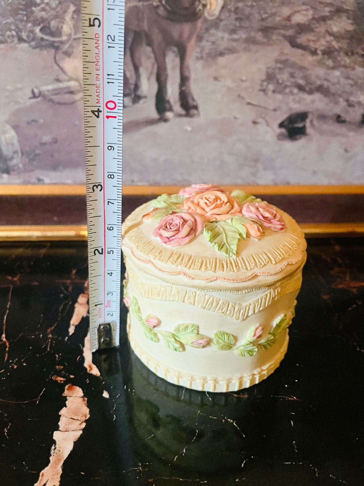Vintage English Stoneware Trinket Box – Pastel Roses & Lace Relief Design