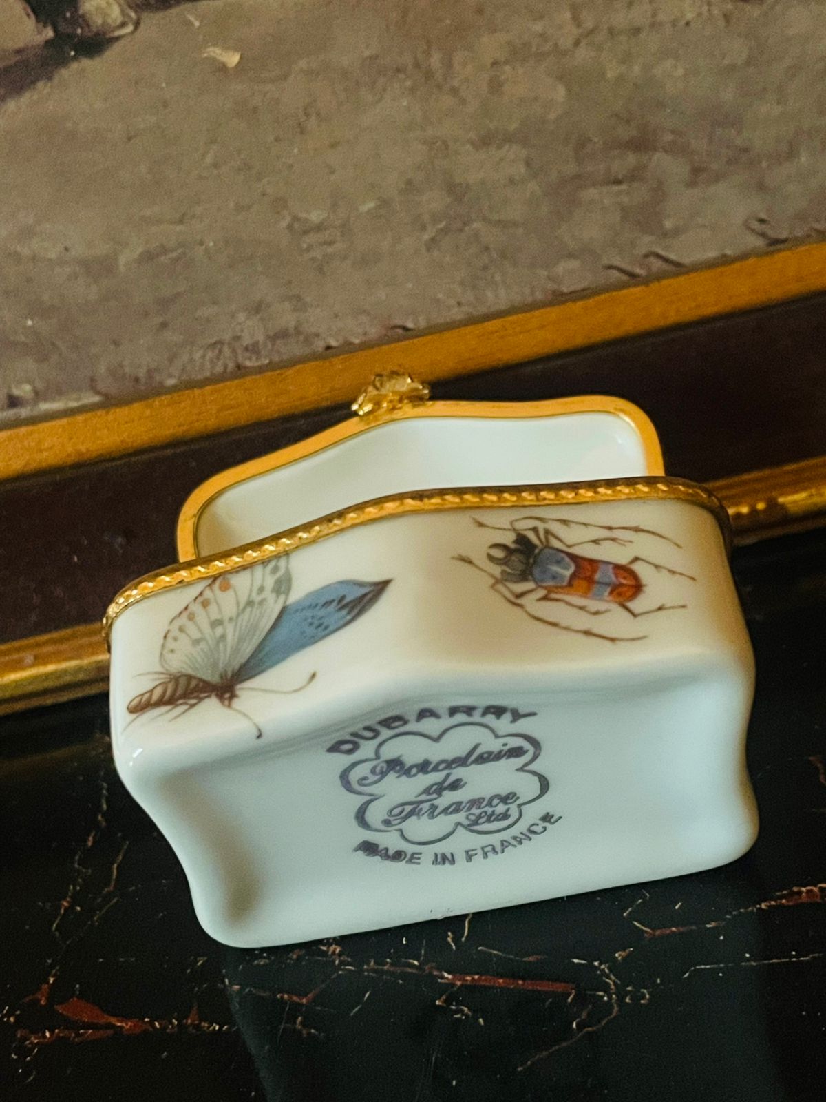 Vintage English Porcelain Trinket Box – Butterfly & Beetle Motif with Gold Rim
