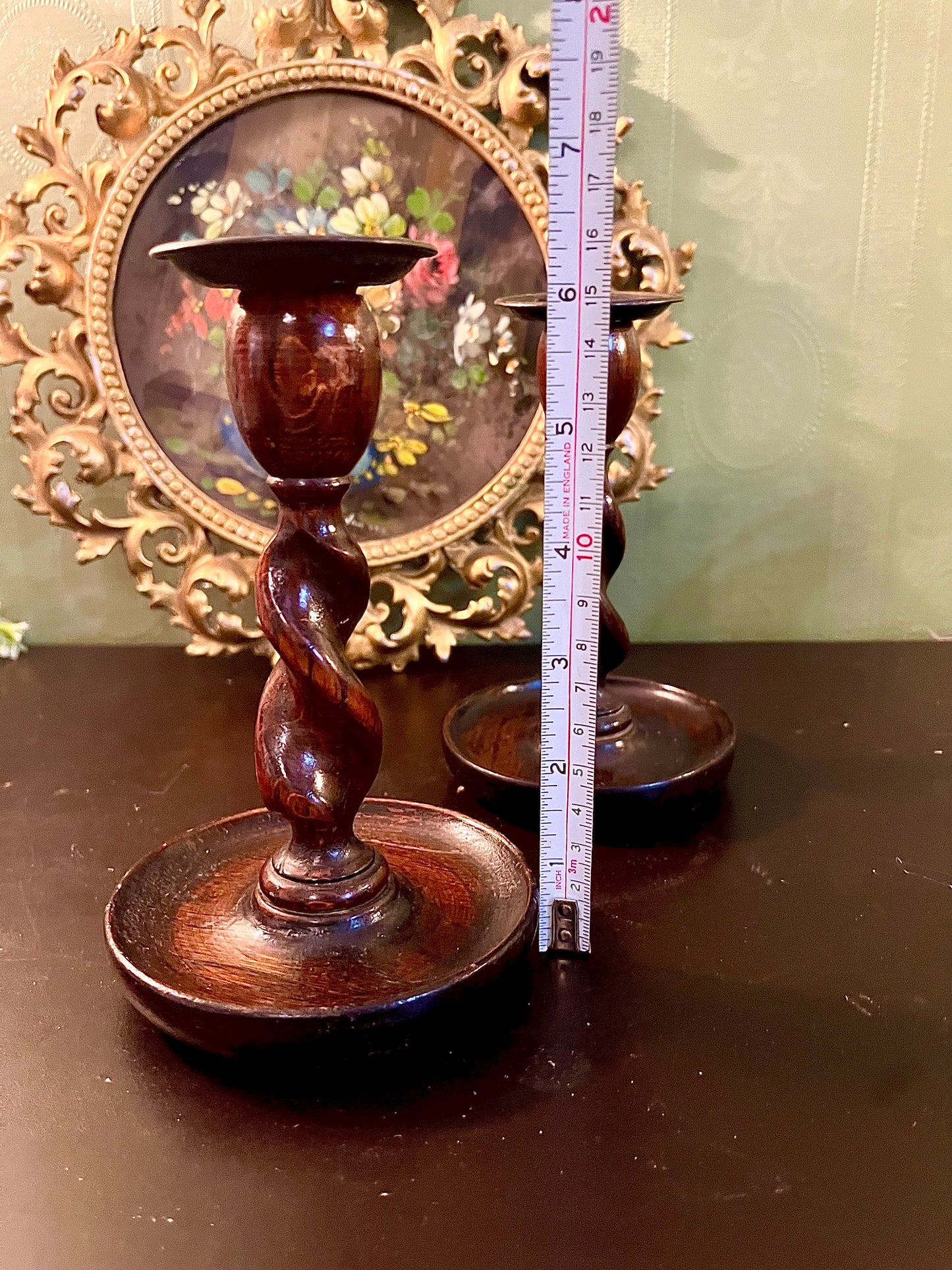 Pair of Dark Wood Spiral Pillar Candle Holders
