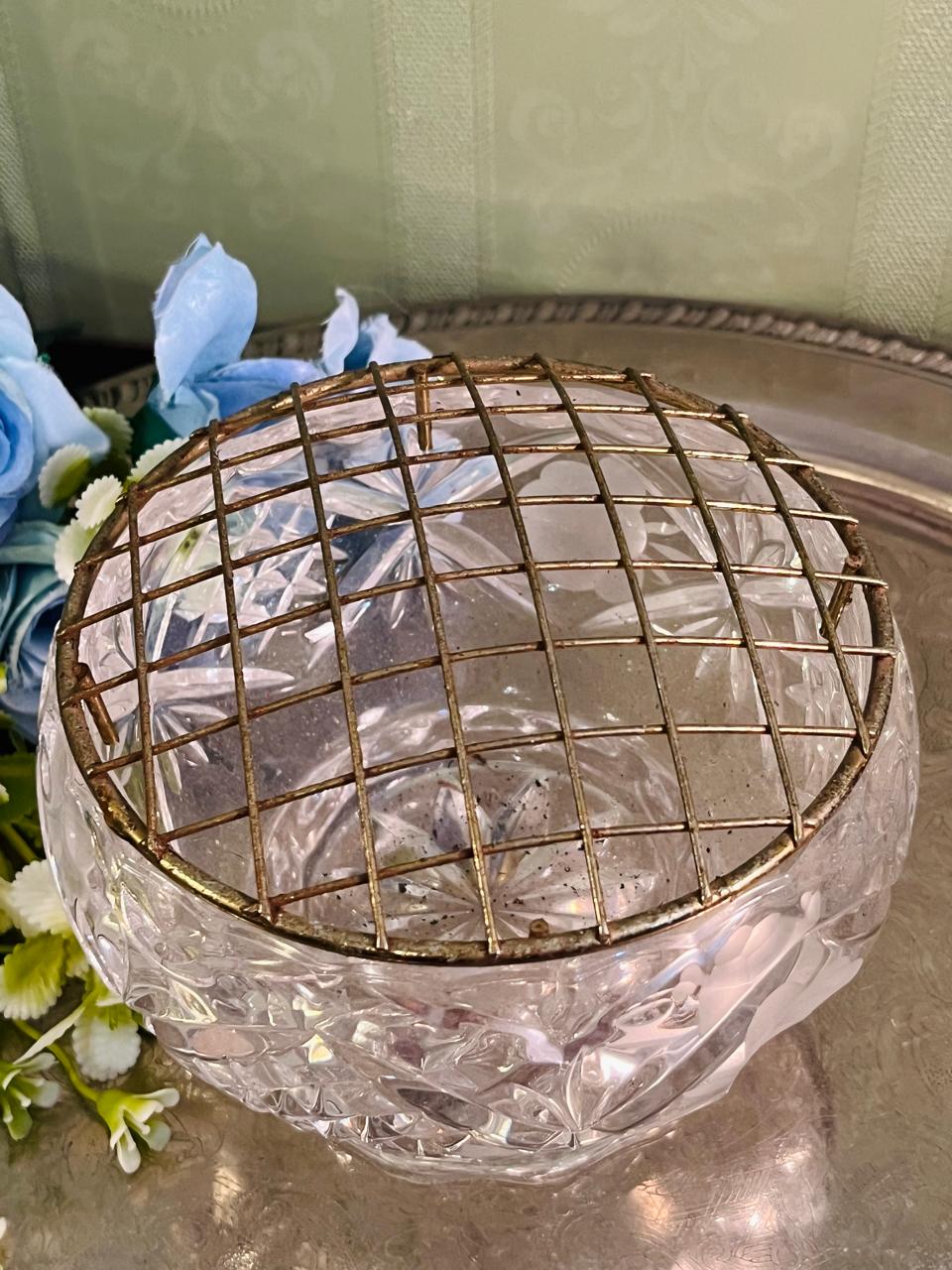Vintage Cut Crystal Flower Bowl with Metal Grid 13 cm