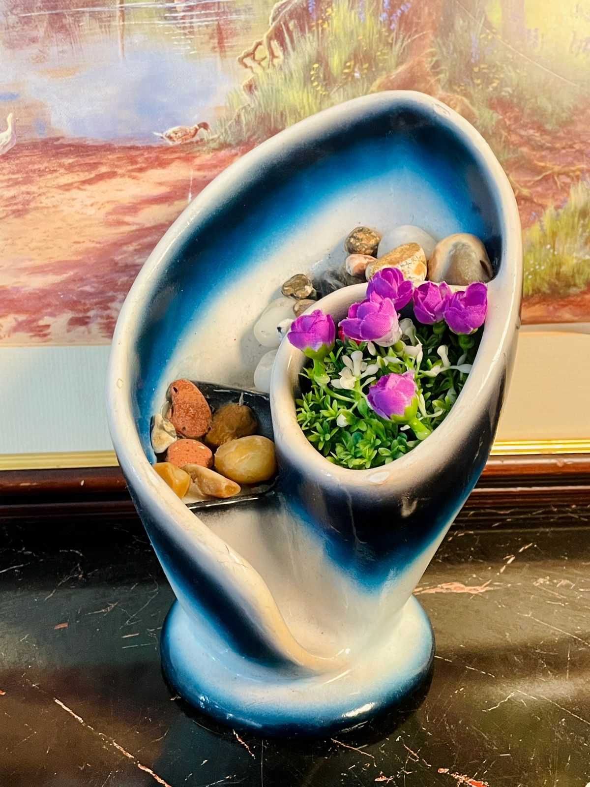 Ceramic Wave-Shape Planter with Decorative Stones & Artificial Flowers – England