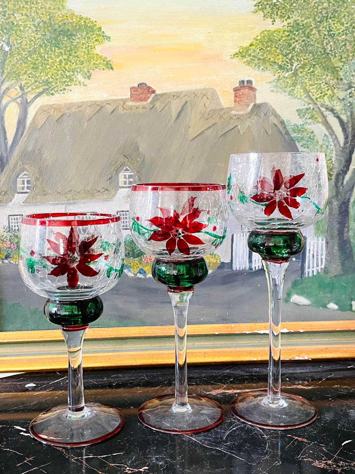 Set of 3 Handcrafted Crackle Glass Candle Stands – Red Poinsettia Floral Design