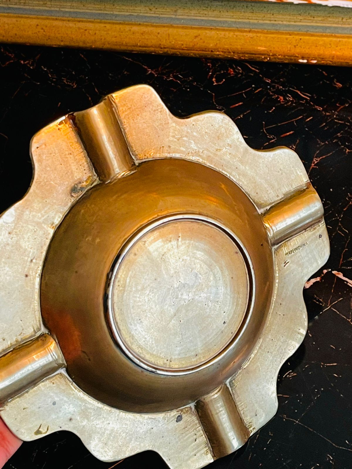 Engraved Brass Ashtray – Vintage Floral Scalloped Design