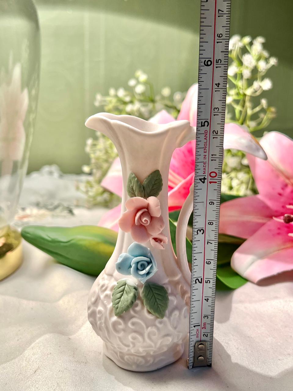 White Ceramic Floral Rose Jug Vase – 5 Inches