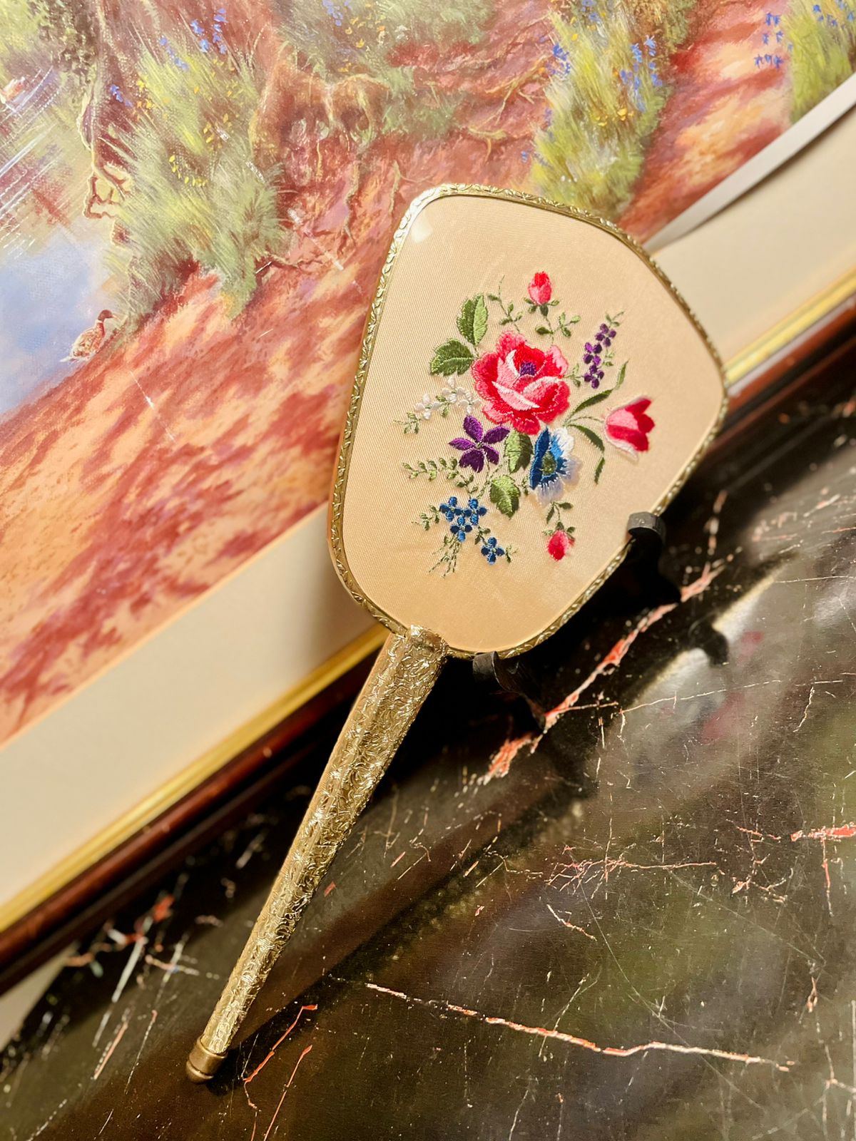 Vintage Handheld Vanity Mirror with Embroidered Floral Back β England