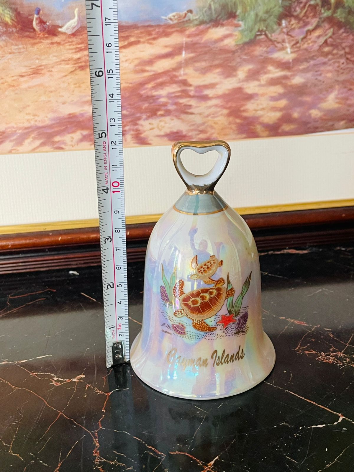Vintage Cayman Islands Souvenir Porcelain Bell – Iridescent Finish with Sea Turtle Design