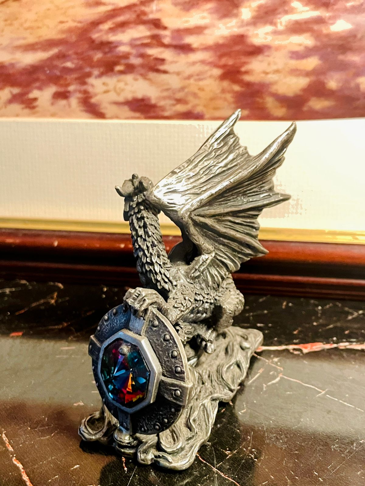 Metal Nordic Dragon Figurine with Shield & Crystal Gem – England