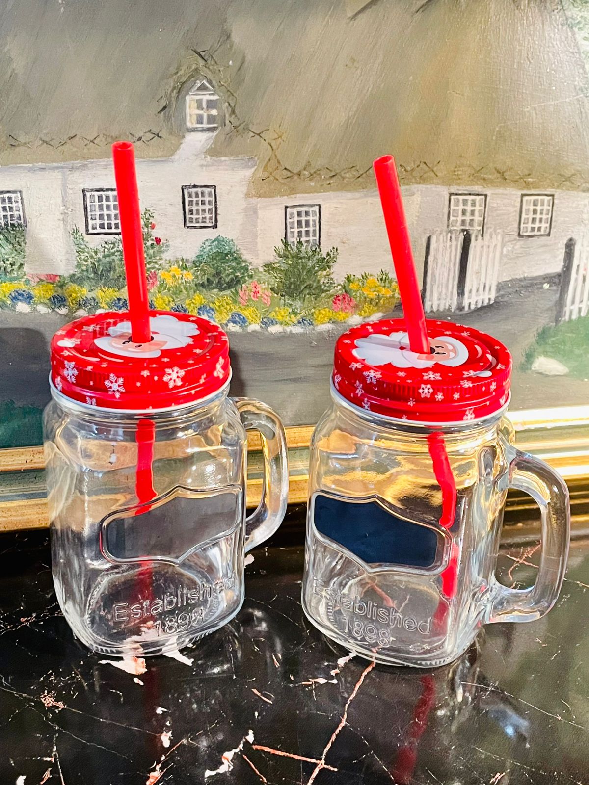 Set of 2 - Christmas Mason Jar Mugs with Lids & Straws