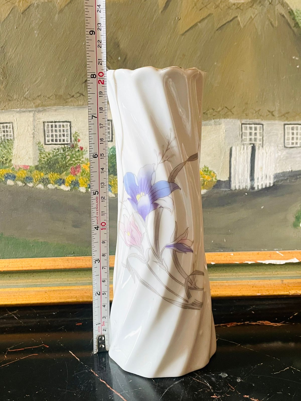 Vintage English Porcelain Vase with Purple Iris Floral Design