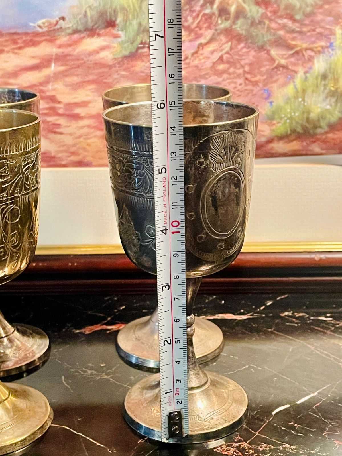 Vintage Engraved Metal Goblet Set (4 Pcs) – England