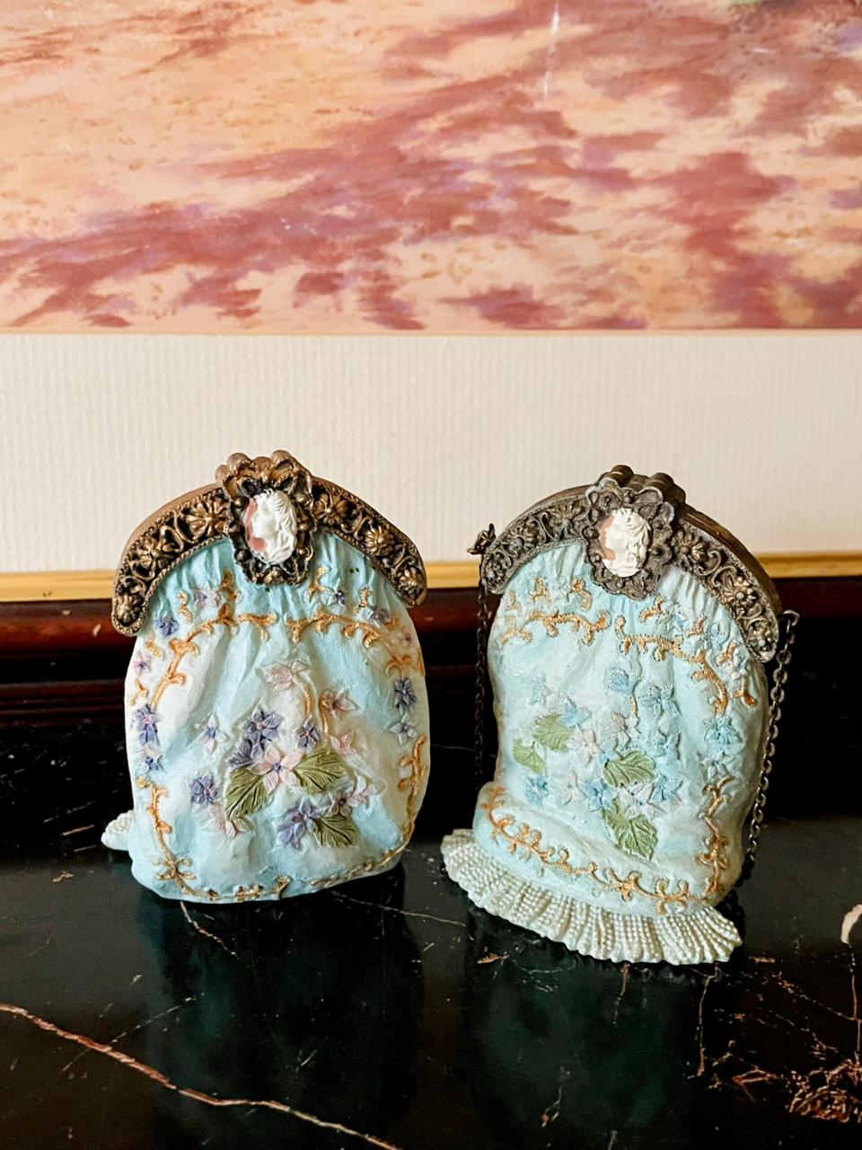 Pair of Vintage Victorian-Style Mini Purses – Embroidered with Cameo Clasps