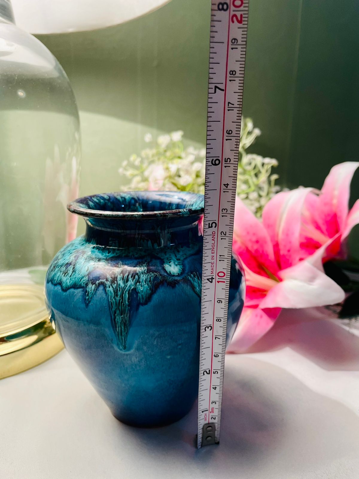 Vintage Blue Glazed Ceramic Vase Drip Detail 12 cm