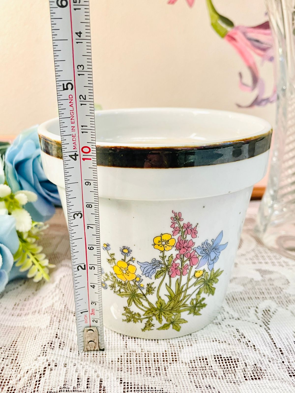 Vintage Floral Ceramic Planter with Gold Rim