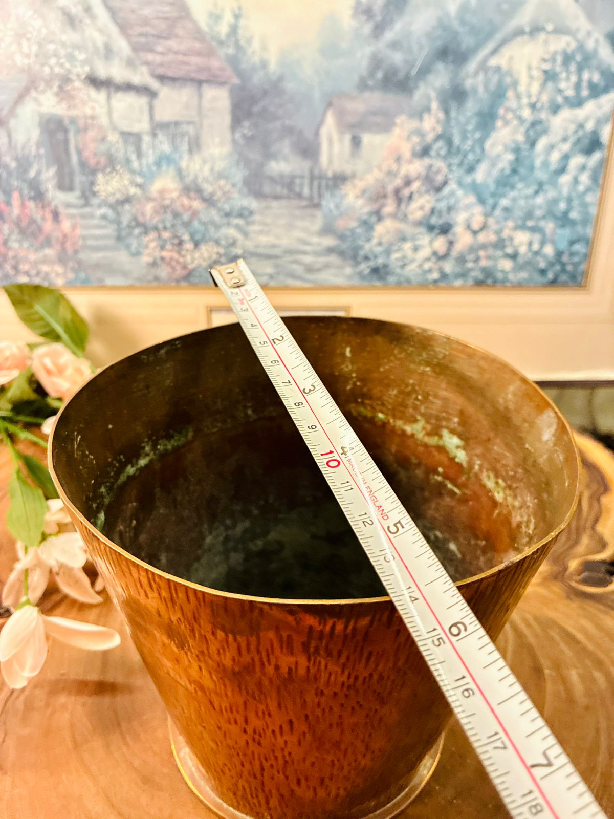 Vintage Brass Cachepot Planter with Woodgrain Finish