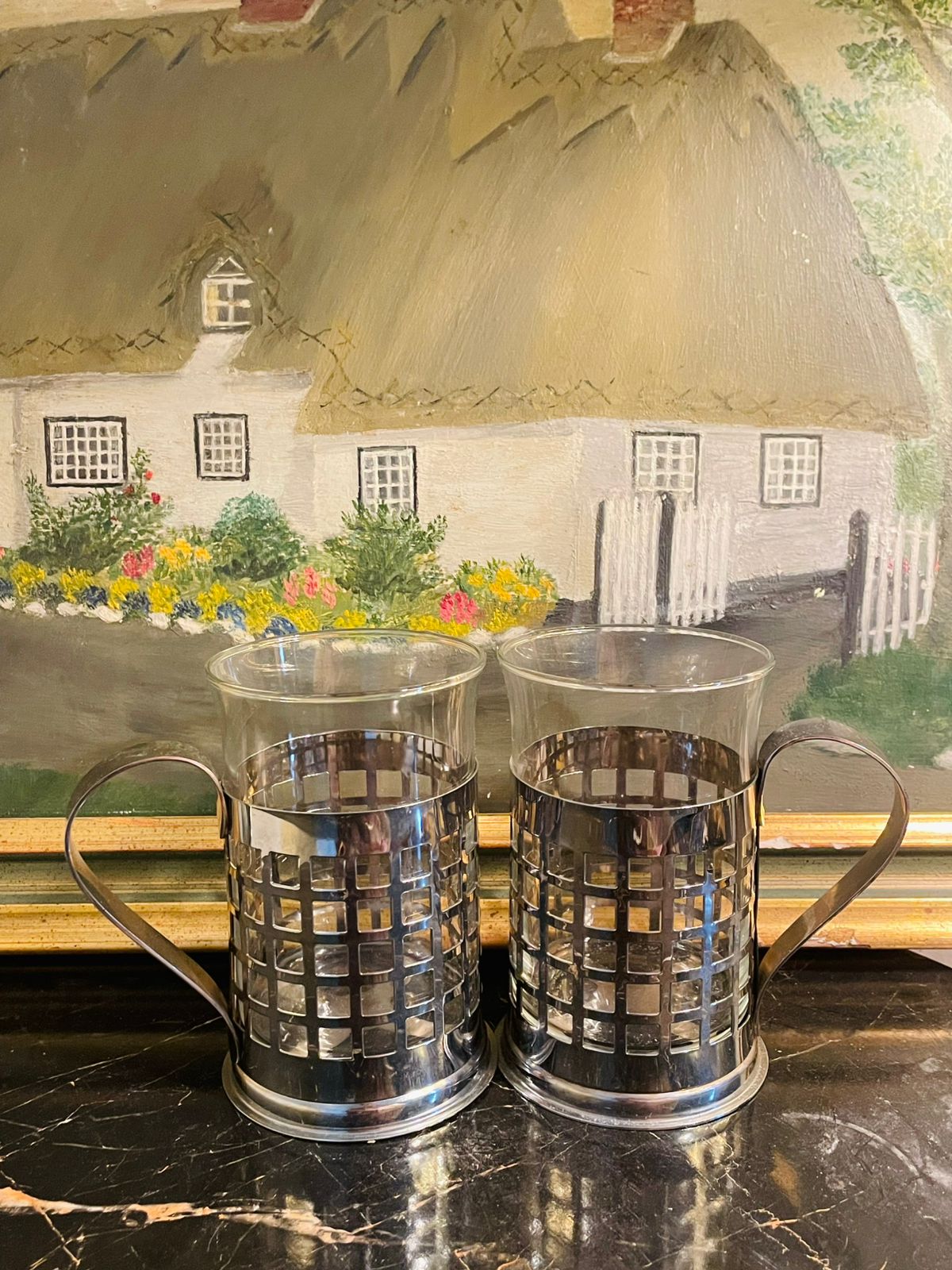Set of 2 Vintage Glass Mugs in metal holder England