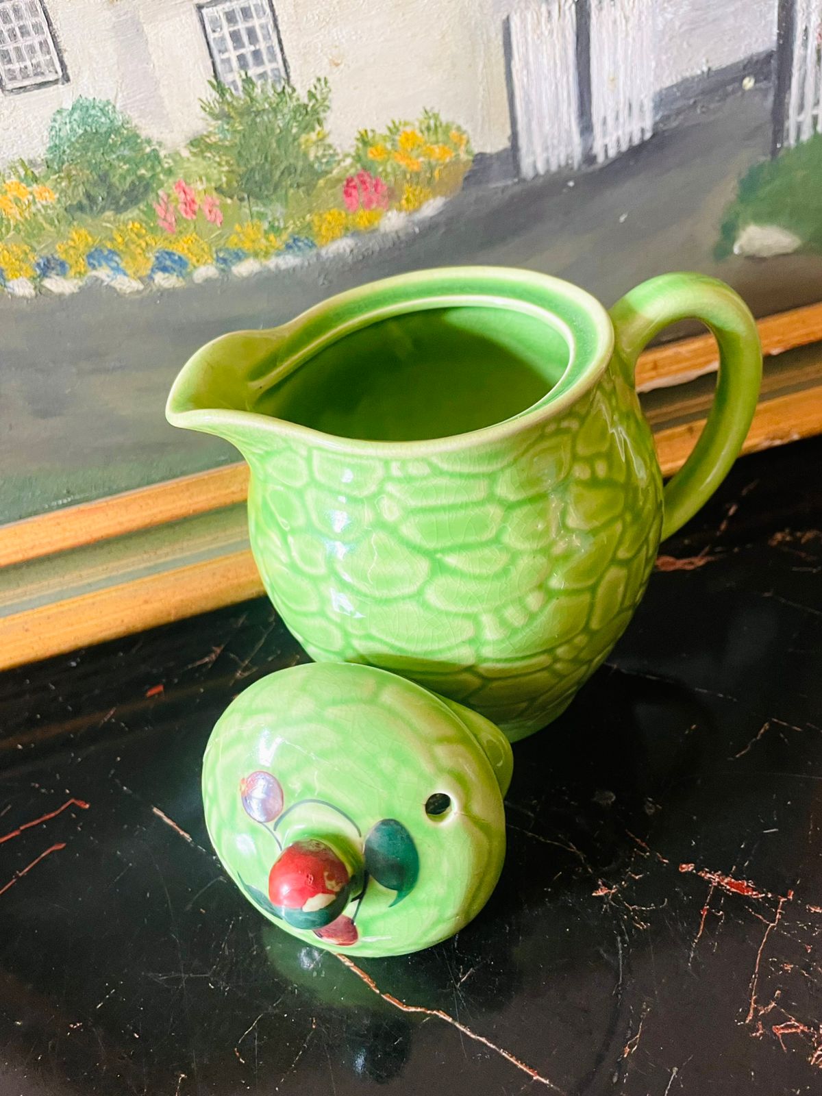 Vintage Green Glazed Pot with Lid – Textured Ceramic Jug