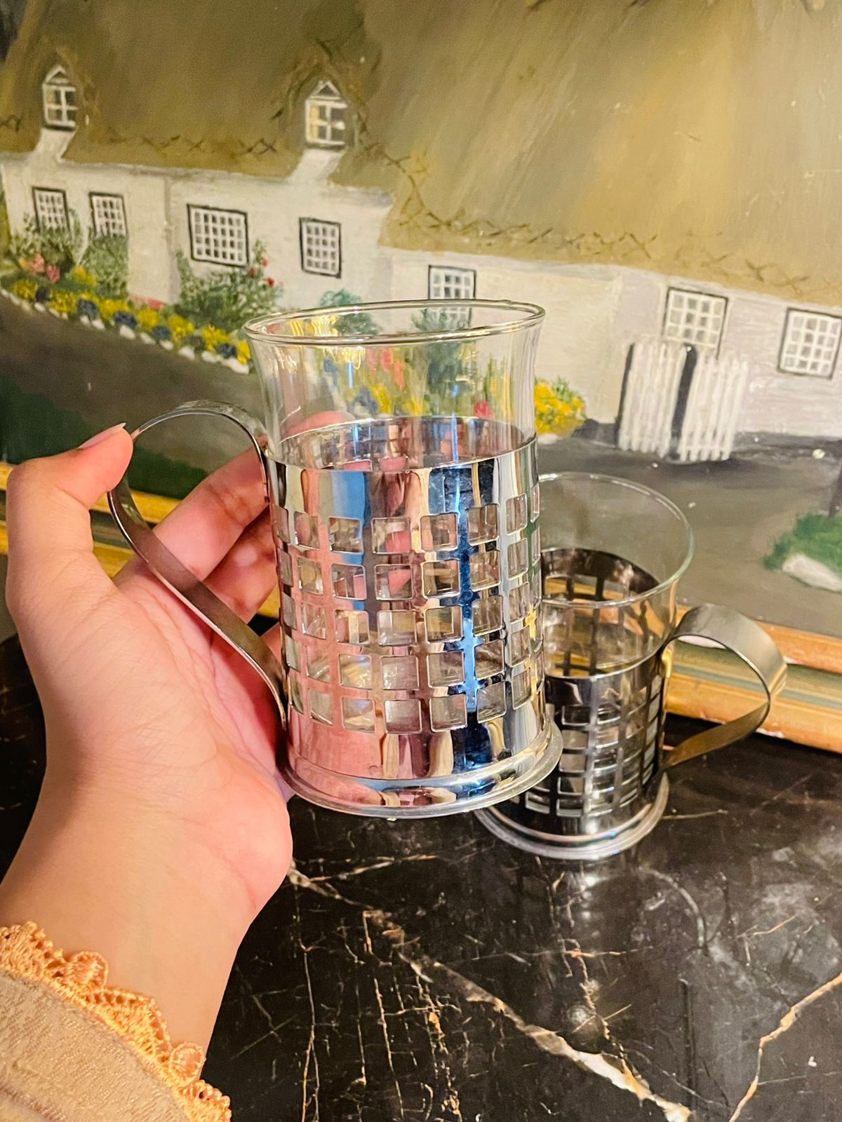 Set of 2 Vintage Glass Mugs in metal holder England
