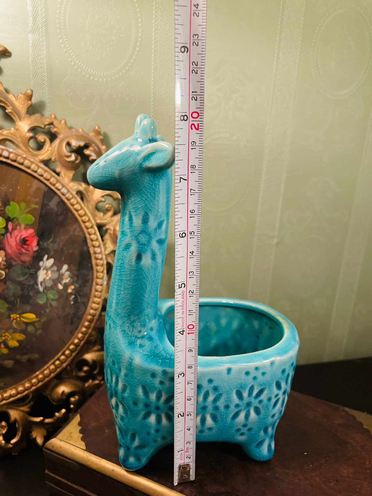 Blue Ceramic Giraffe Planter 8 Inch Animal Decor