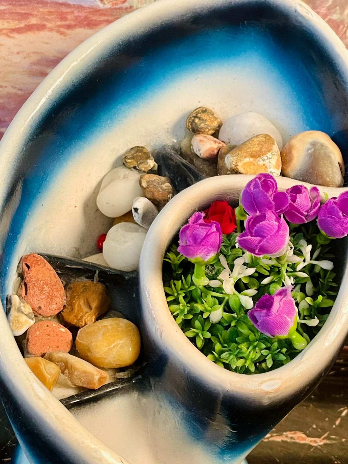 Ceramic Wave-Shape Planter with Decorative Stones & Artificial Flowers – England