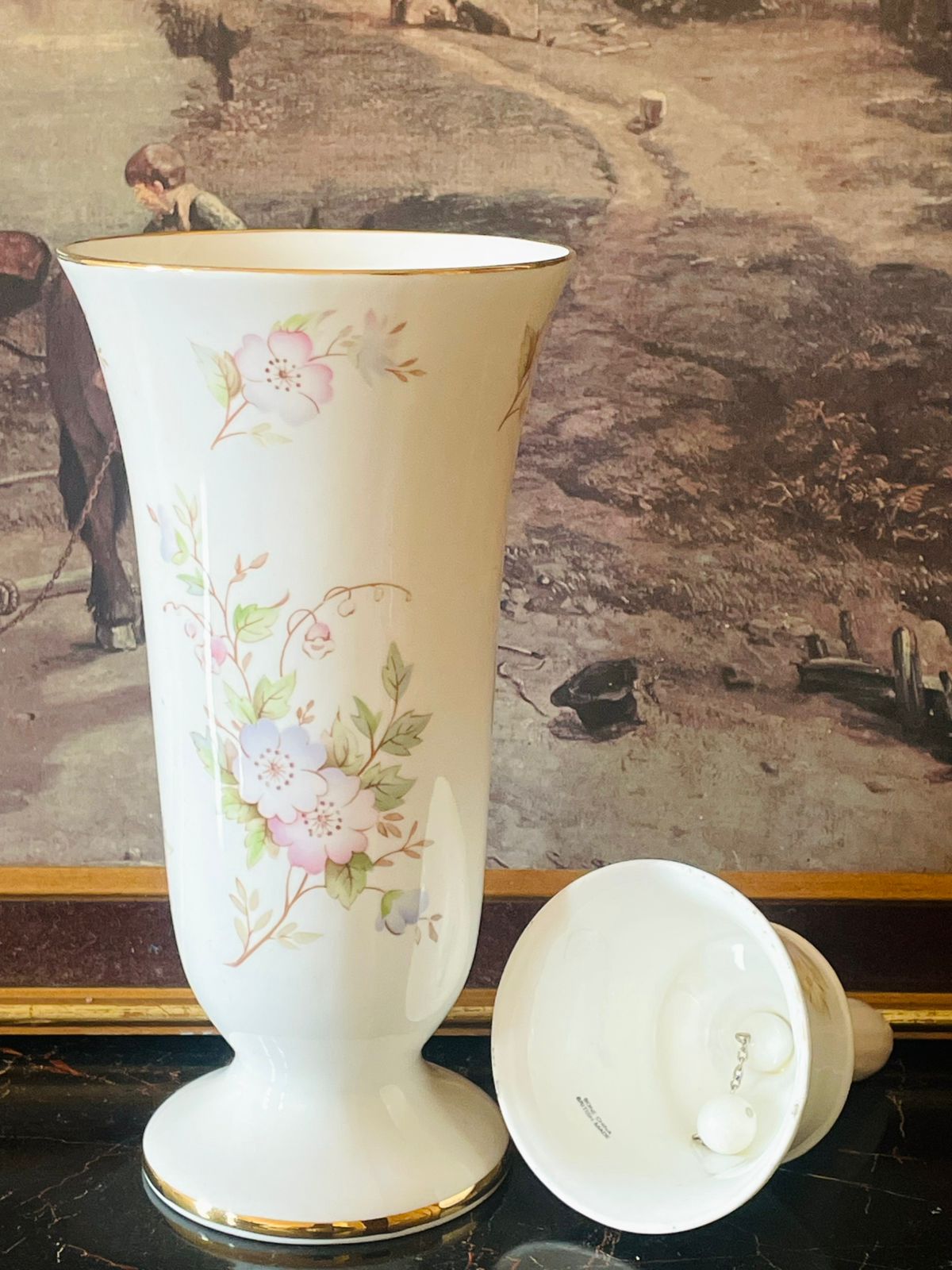 Vintage English Porcelain Vase & Bell Set – Floral Gold-Rimmed “Happy Anniversary” Collection