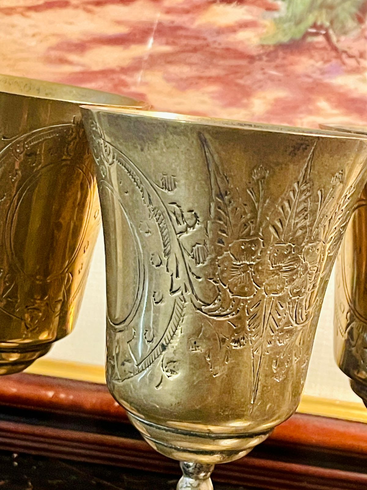 Set of 3 Vintage Brass Goblets with Intricate Floral Engravings