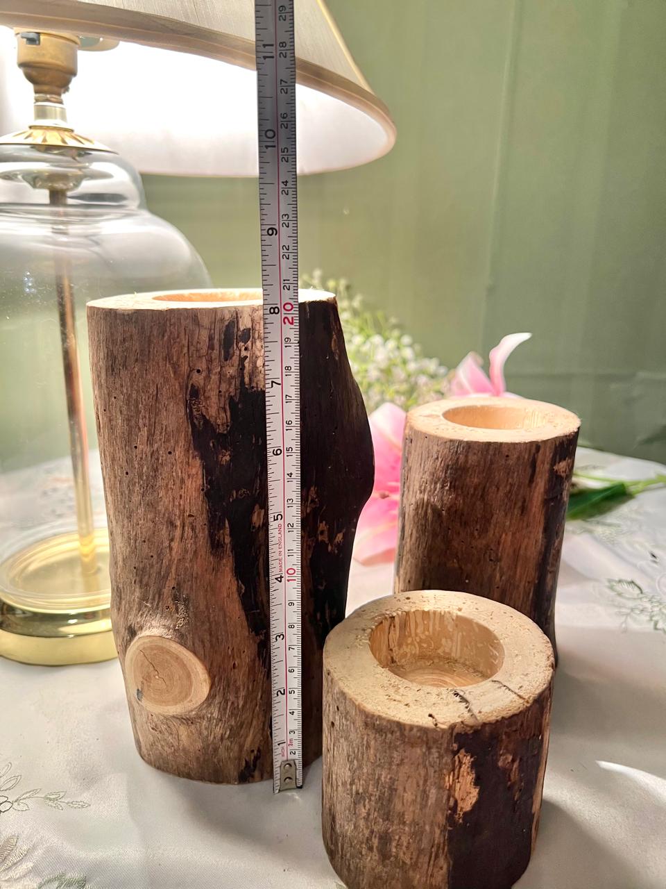 Rustic Wooden Log Candle Holders – 3 Piece Set