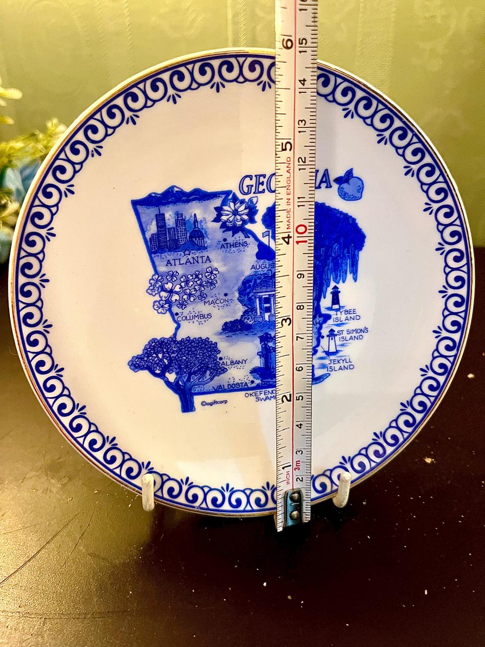 Vintage Georgia State Souvenir Plate 8 Inch Blue & White Ceramic Collectible
