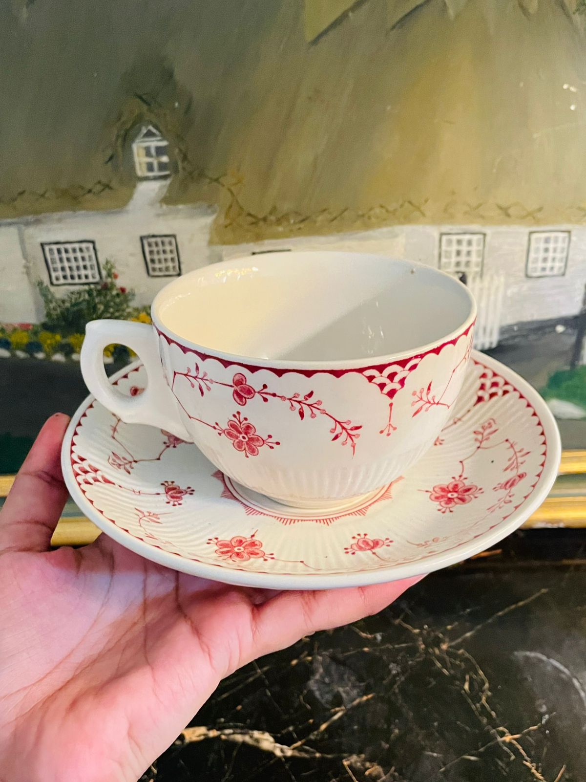 Vintage Ruby Red Grass Patterned Ceramic Tea Cup & Saucer