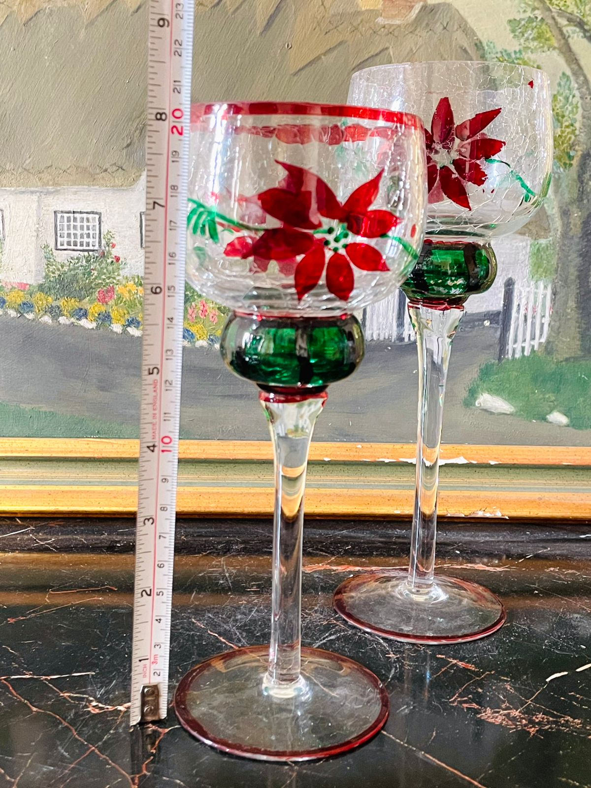 Set of 3 Handcrafted Crackle Glass Candle Stands – Red Poinsettia Floral Design