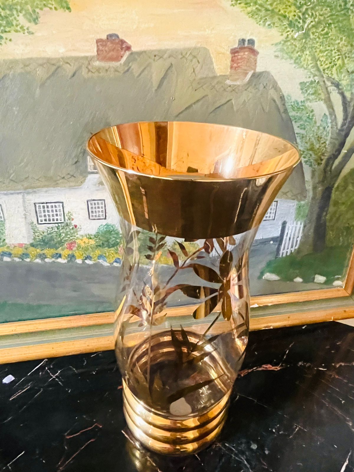 Vintage Hand-Gilded Glass Vase – Floral Etching with 24K Gold Detailing