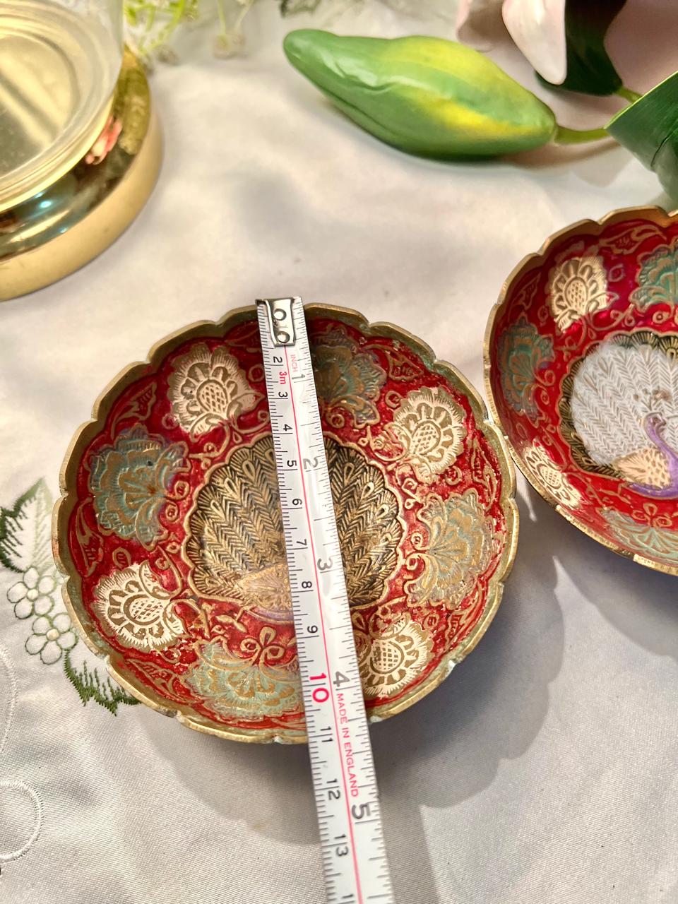 Red Peacock Brass Decorative Bowls – Set of 2, 4.5"