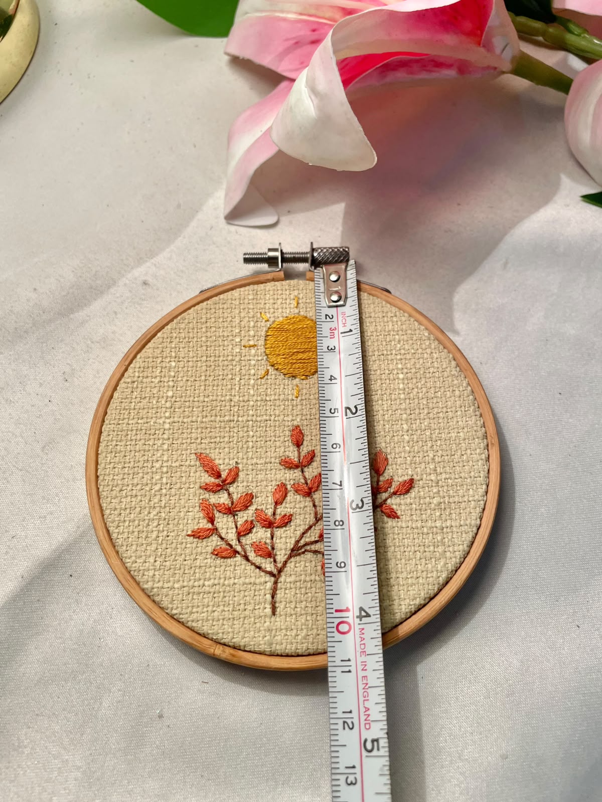 Hand Embroidered Sun & Botanical Hoop Wall Decor – 4 Inch