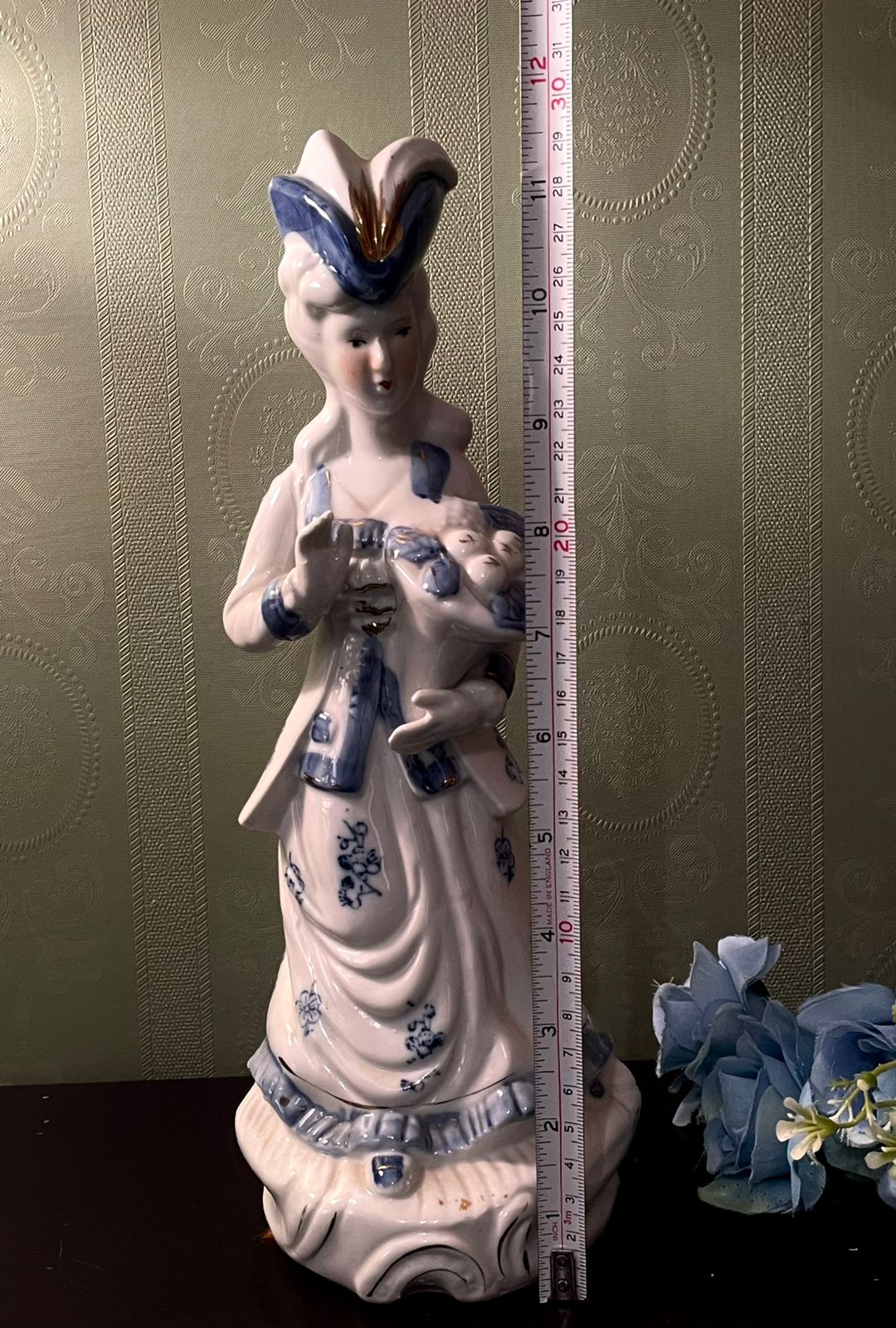Vintage Porcelain Lady Figurine Holding Flowers Blue & White 12 Inch