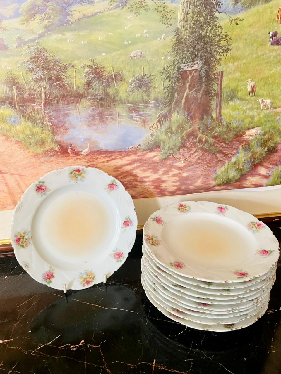 vintage floral dinner plates, porcelain rose plates England, antique crockery set Pakistan, European vintage tableware, rare thrift finds, rose pattern porcelain, heritage European treasures, vintage dinnerware collection, floral porcelain plates, timeless vintage crockery