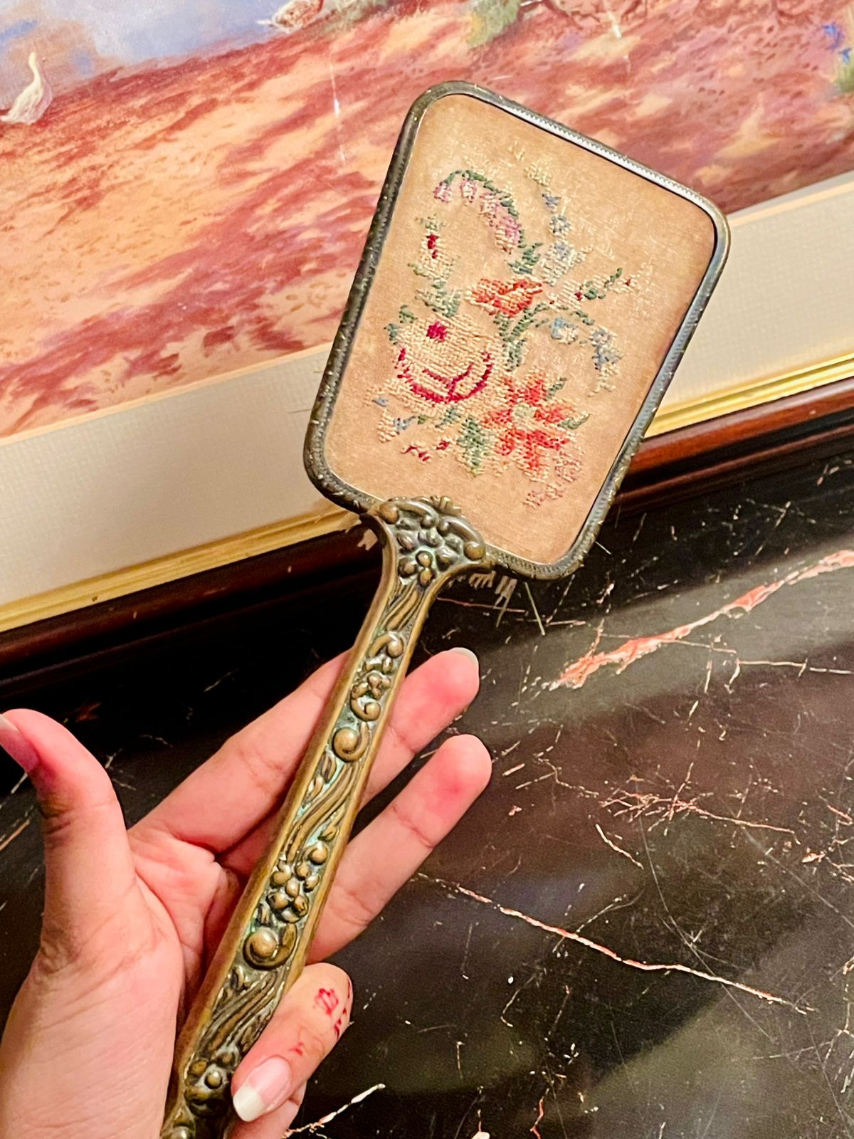 Vintage Ornate Hand Brush with Embroidered Back & Brass Floral Handle – England