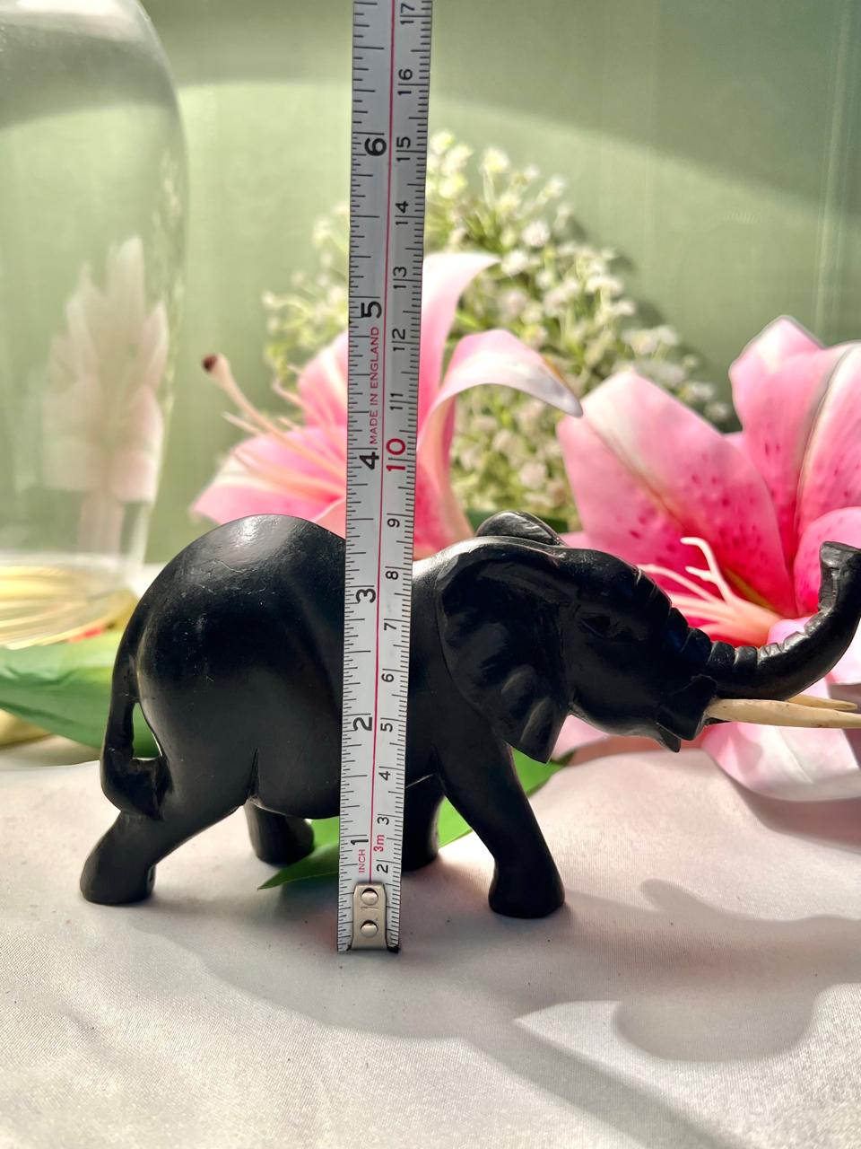 Vintage Black Elephant Figurine with Raised Trunk & Tusks – 16 cm