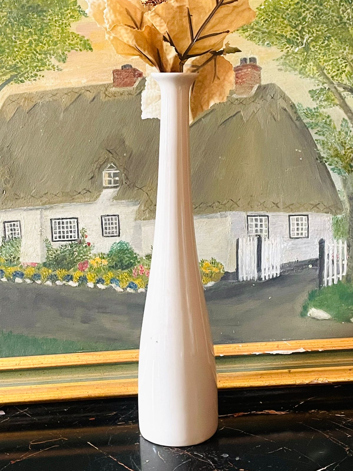 Minimalist Tall White Ceramic Vase with flowers – Modern Slim Design (England)