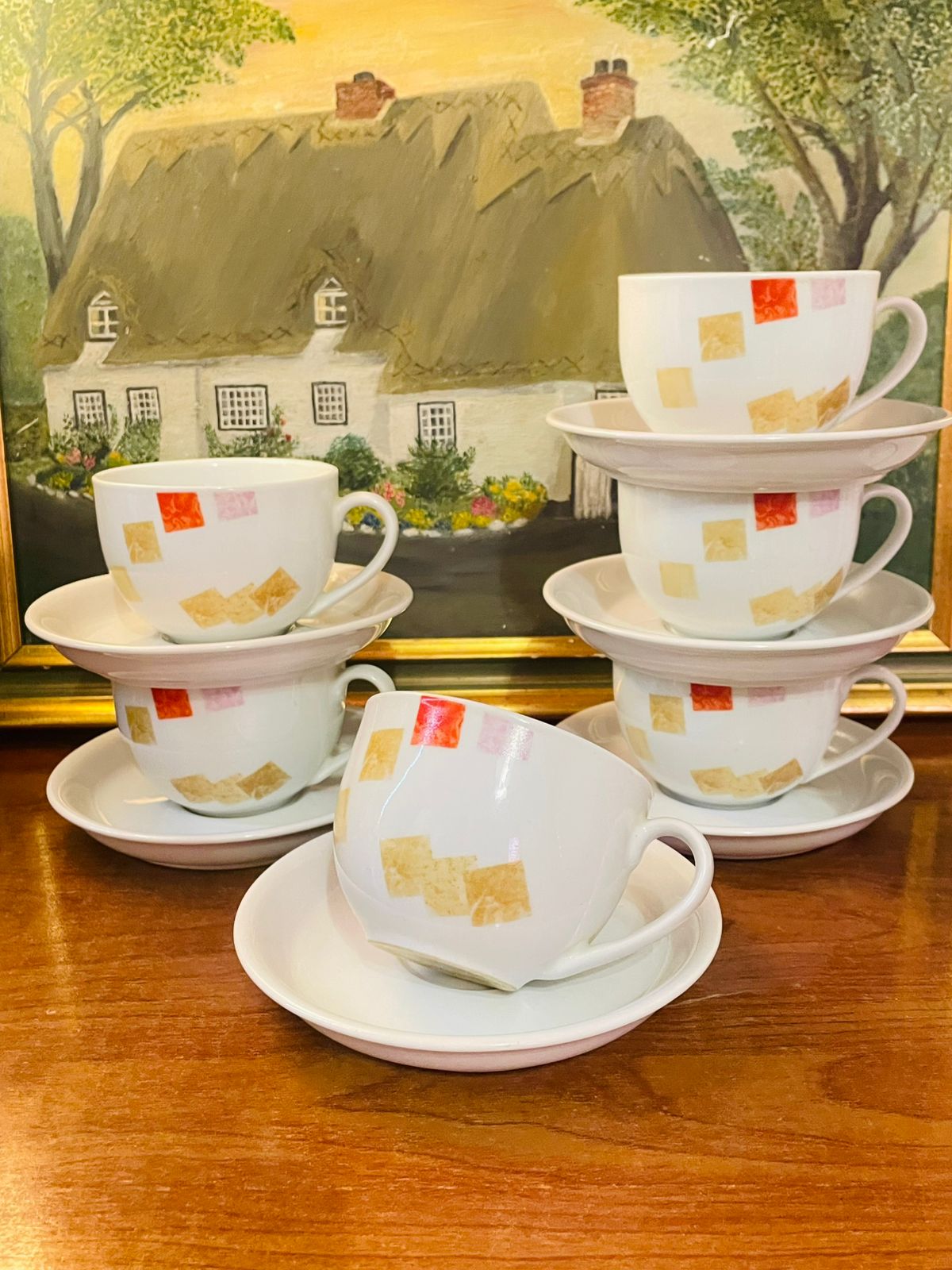 Rare HTF Bridget Dobson Mosaic Confetti Cup & Saucer – set of 6 – Collectors’ Gem