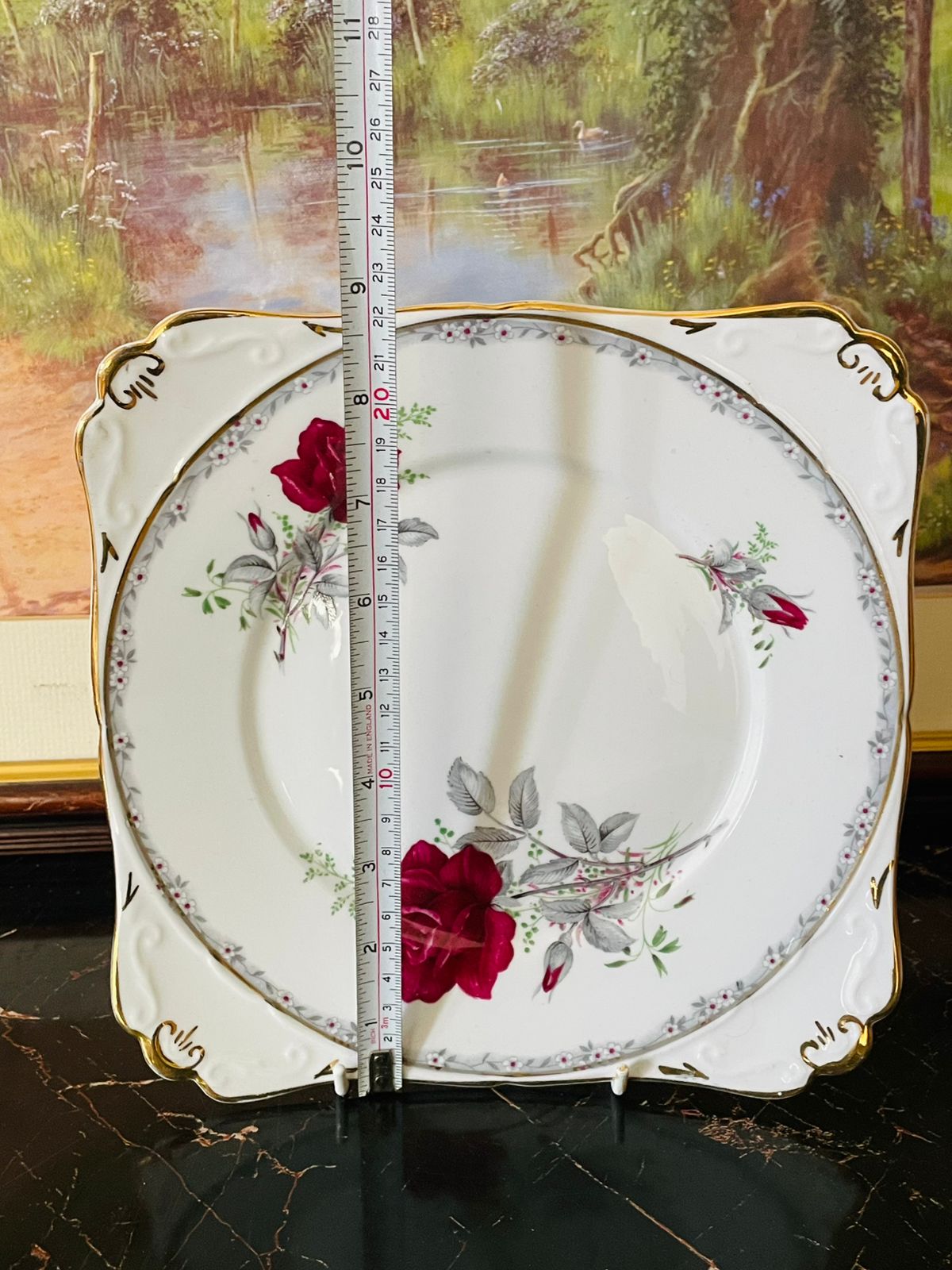 Royal Staffordshire “Roses to Remember” Square Serving Plater – Gold Rim, Fine English China