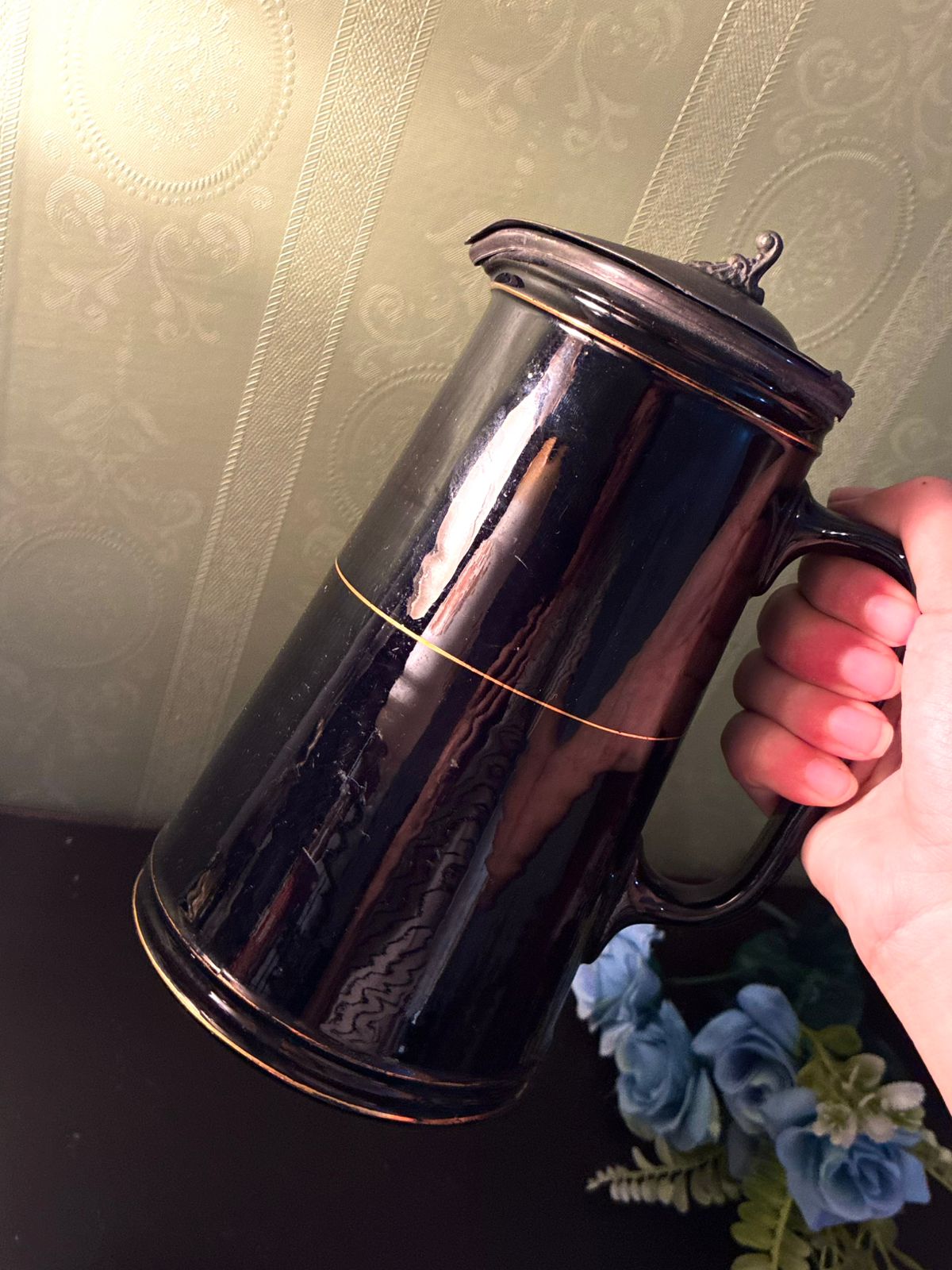 Vintage Black Ceramic Coffee Pot Swan Lid Farmhouse Server