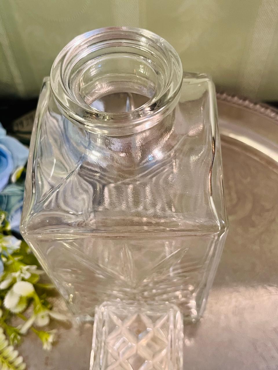 Vintage Cut Crystal Square Decanter 24 cm Geometric Stopper