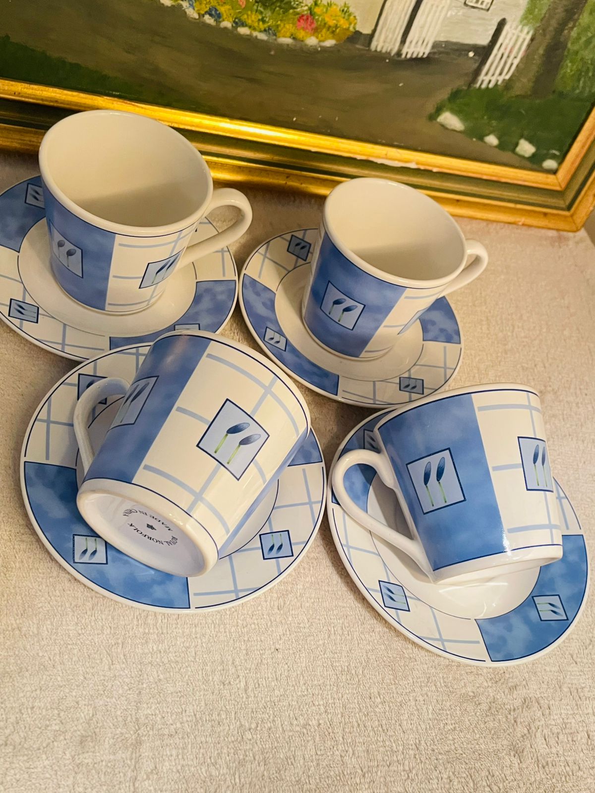 Herend Village Pottery Set of 4 Teacup and Saucer Set Hand Painted Made in Hungary