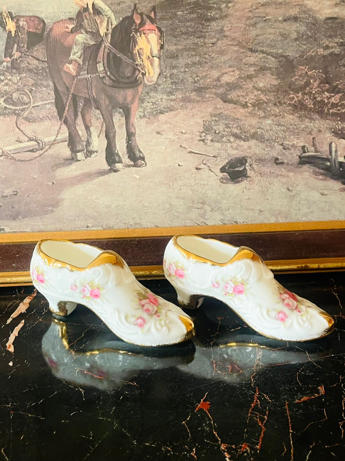 Paragon “Victoriana Rose” Porcelain Shoe Pair – Hand-Gilded English Collectibles