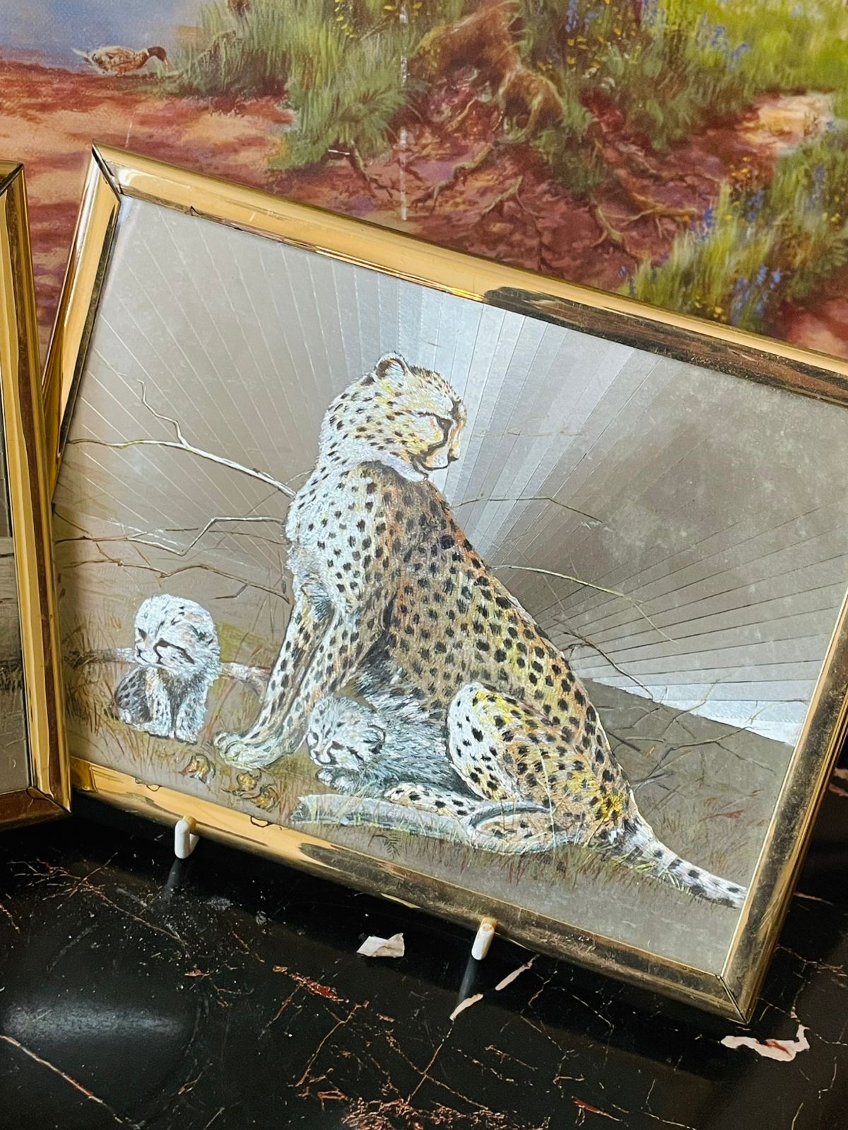 Set of 2 Vintage Leopard & Cubs Glass Frames – 3D Mirrored Wildlife Art Home Decor
