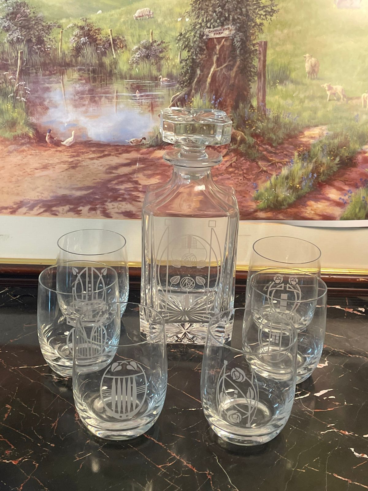 Rennie Mackintosh Crystal Decanter & 6 Glasses Set β Glencairn Crystal Studio