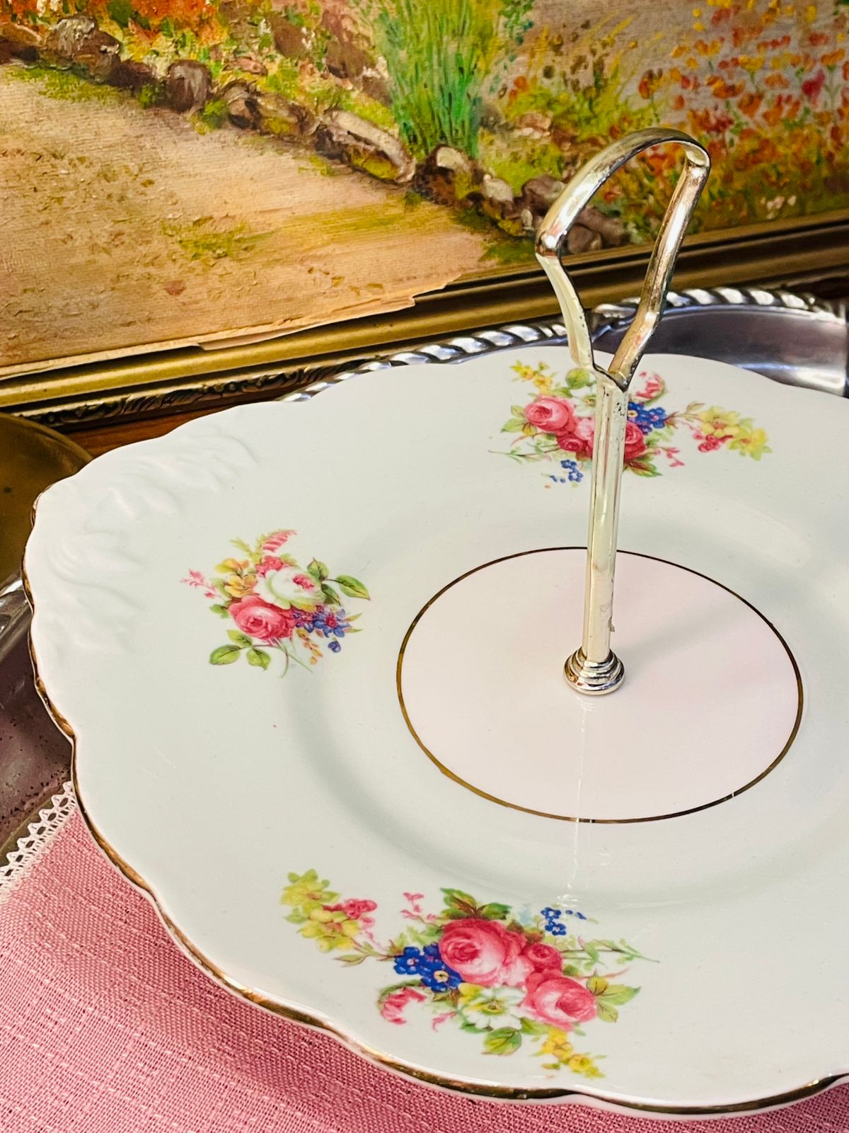 Victorian Floral One-Tier Pastry Platter with Stand – Vintage England Bone China
