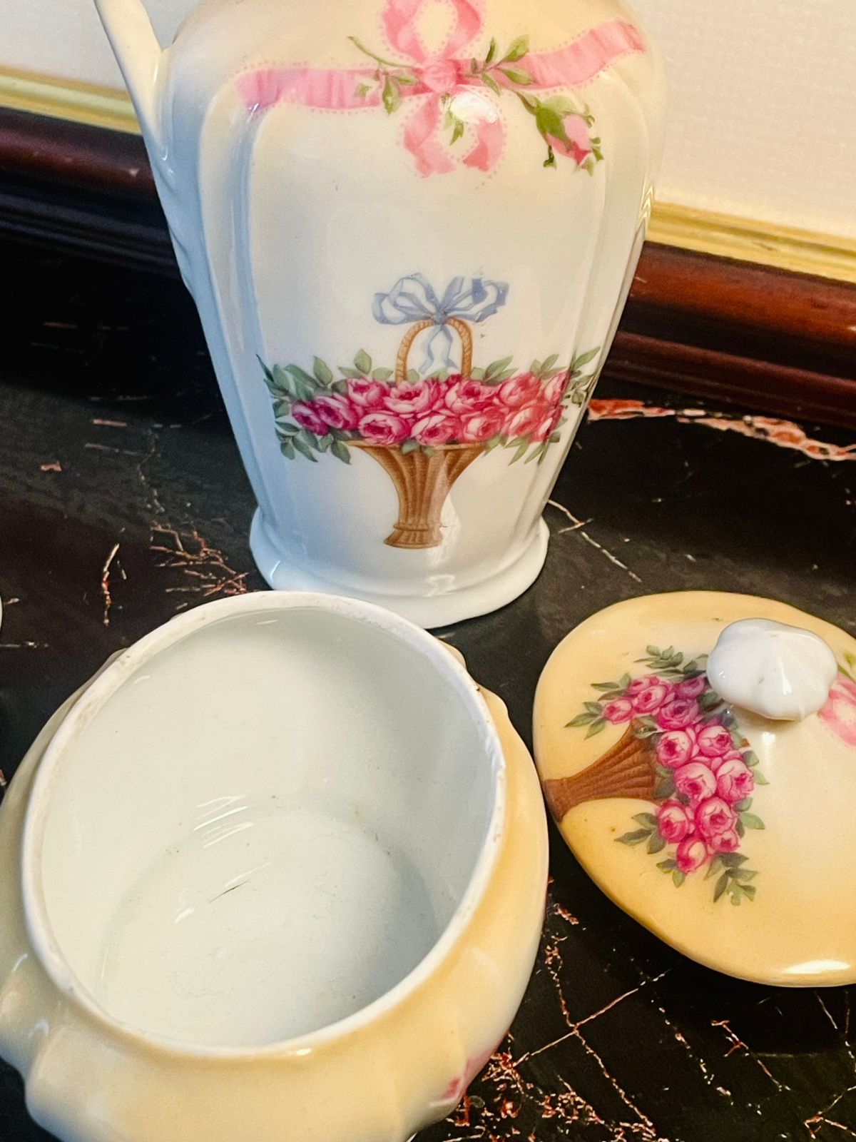 vintage Ceramic Jug with Stopper & Matching Lidded Sugar Pot – Floral Basket Design (Set of 2)