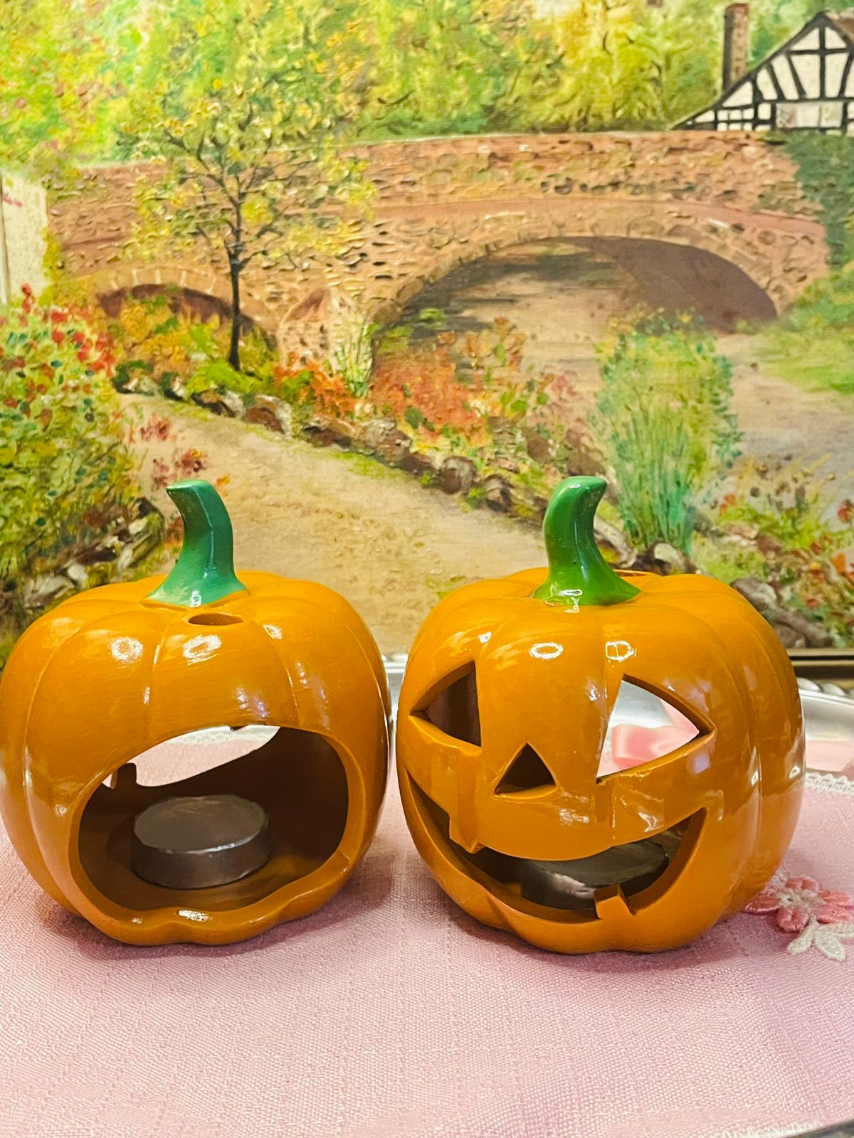 Holiday Ceramic Outdoor Halloween pumpkins face ,Lighted Fairy Garden Pumpkins