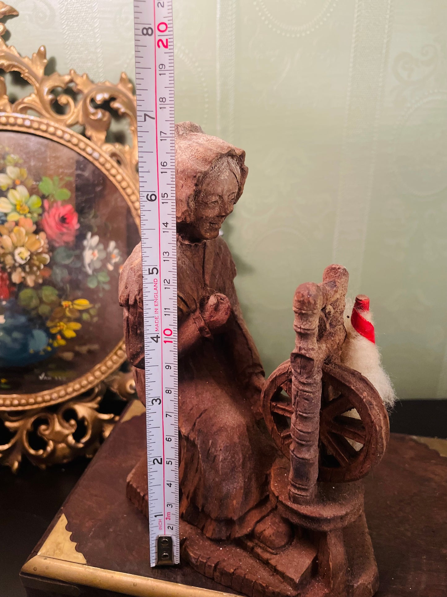 Vintage Hand-Carved Wooden Spinning Wheel Lady Figurine